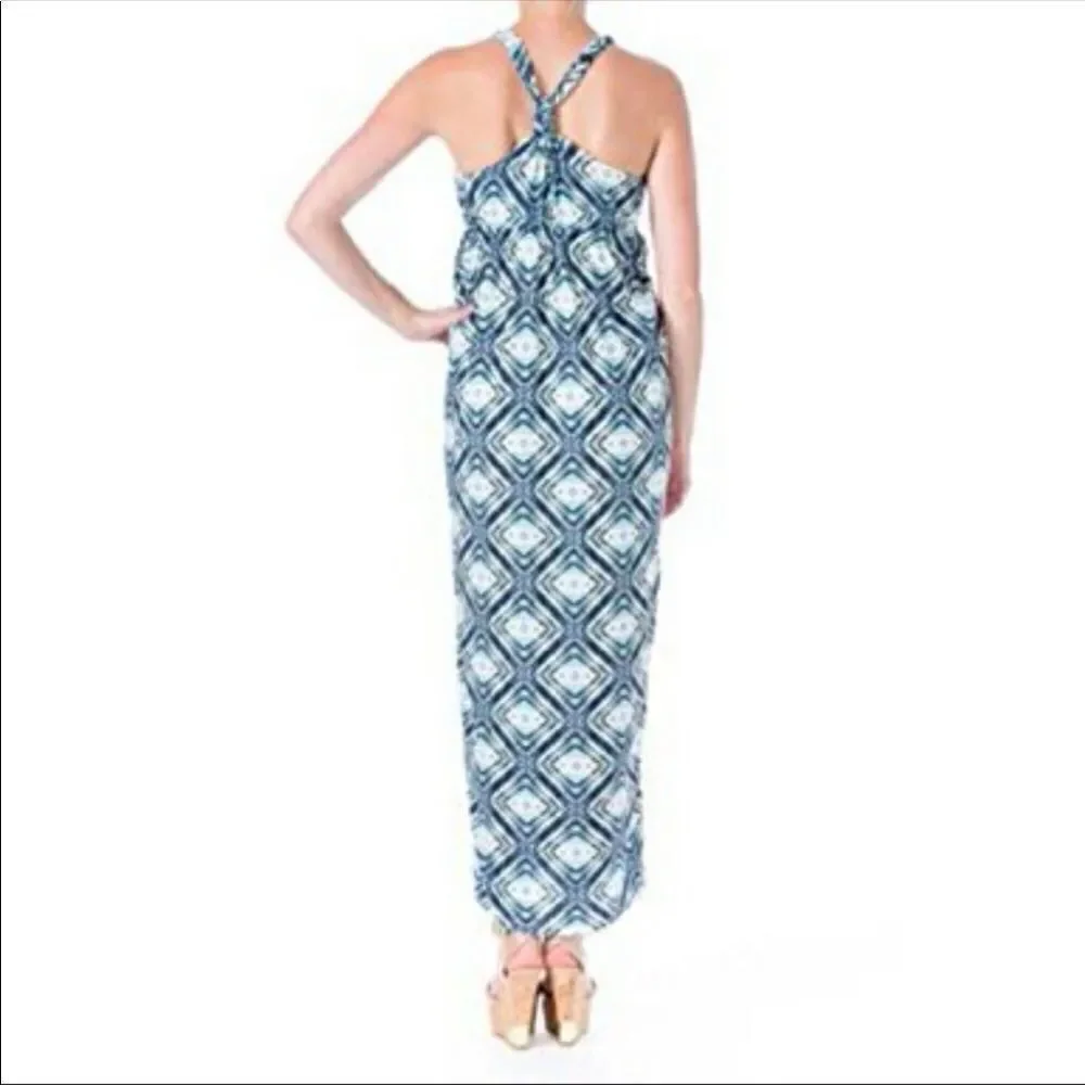 New PINk ROSE ikat Maxi Sundress Blue White M